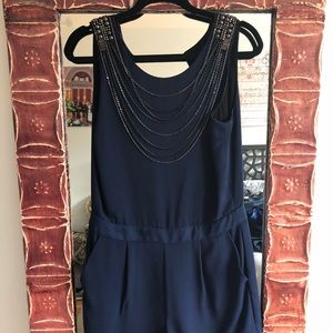 Navy blue romper with neck chain detail
